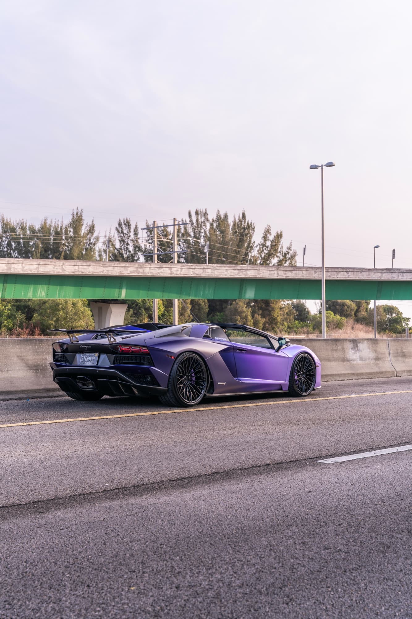Lamborghini Aventador S Roadster rear 3/4 under bridge